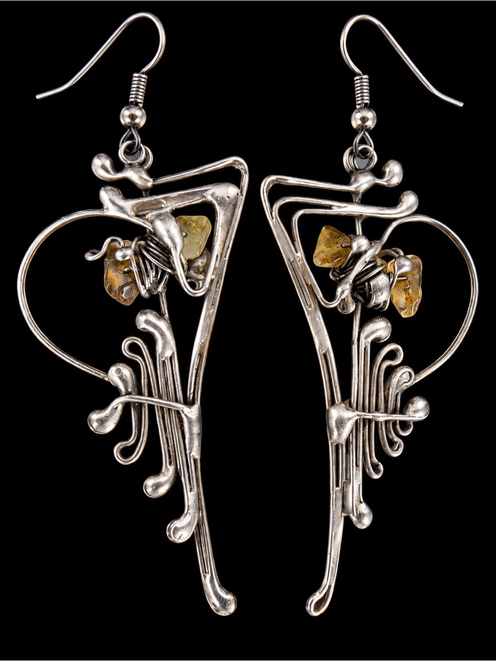 Vintage Artisan Silver Tone Wirework Amber-Coloured Stone Statement Earrings
